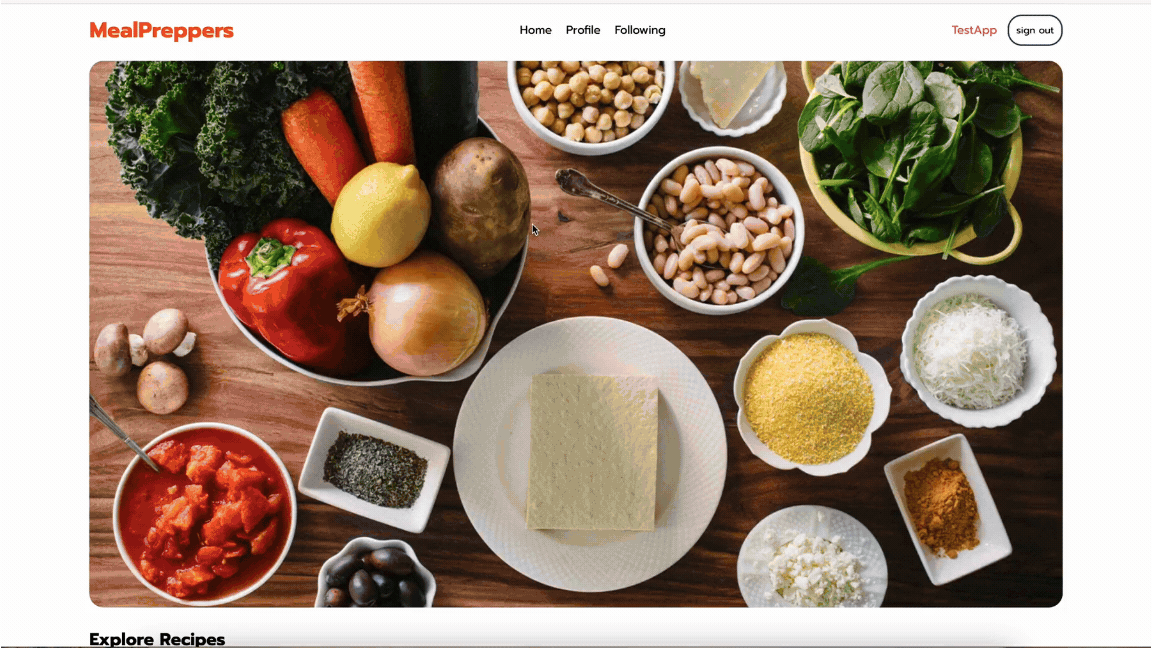 MealPreppers recipe post grid with images and like buttons
