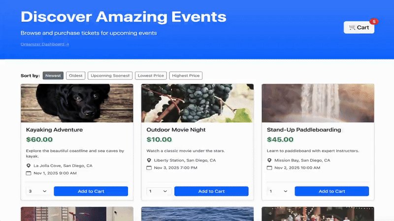 QuickTix event ticketing platform showing cart and events